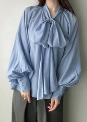 Women Blue Bow Oversized Silk Tops Lantern Sleeve