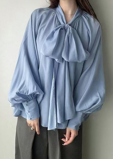 Women Blue Bow Oversized Silk Tops Lantern Sleeve