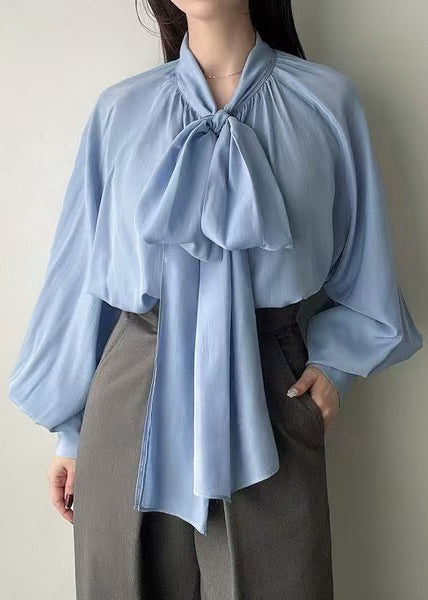 Women Blue Bow Oversized Silk Tops Lantern Sleeve