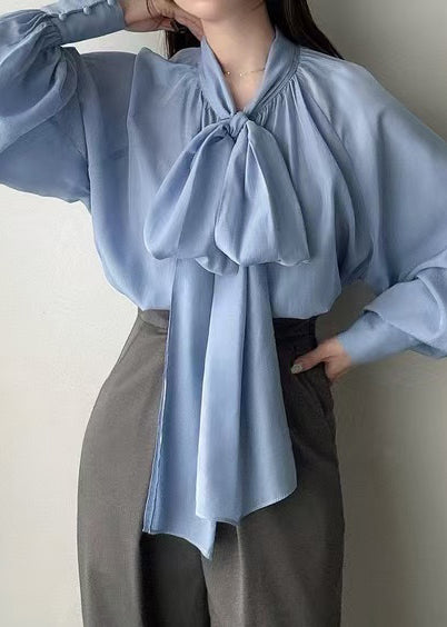 Women Blue Bow Oversized Silk Tops Lantern Sleeve