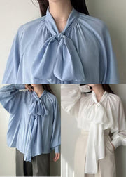 Women Blue Bow Oversized Silk Tops Lantern Sleeve