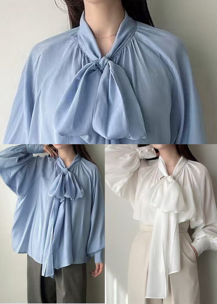 Women Blue Bow Oversized Silk Tops Lantern Sleeve