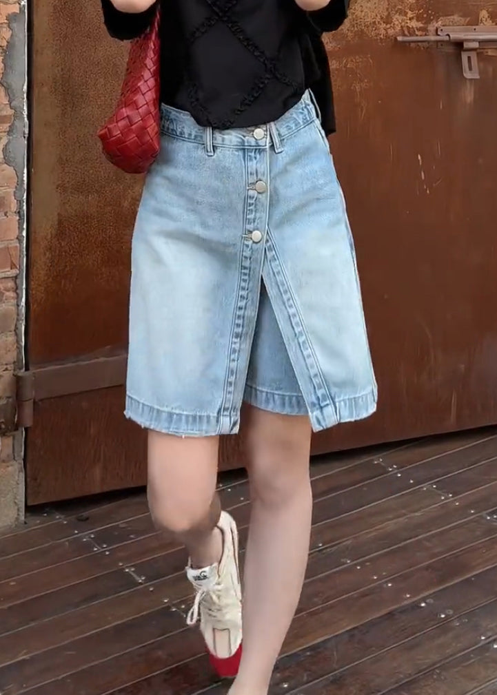 Women Blue Button False Two Pieces Denim Shorts Summer
