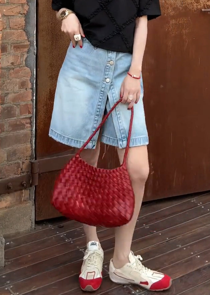 Women Blue Button False Two Pieces Denim Shorts Summer