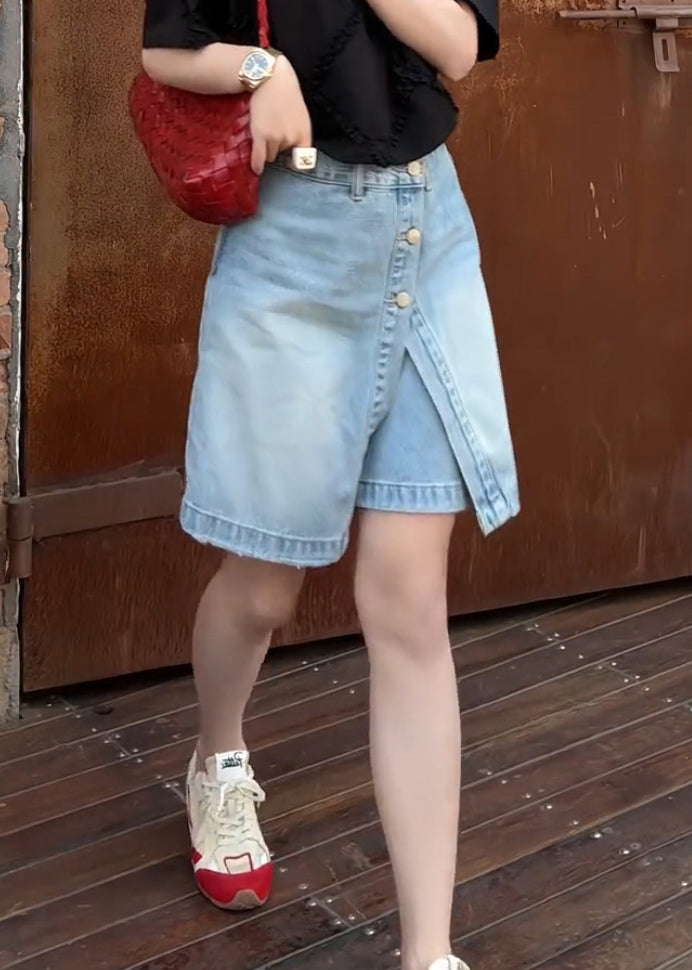 Women Blue Button False Two Pieces Denim Shorts Summer