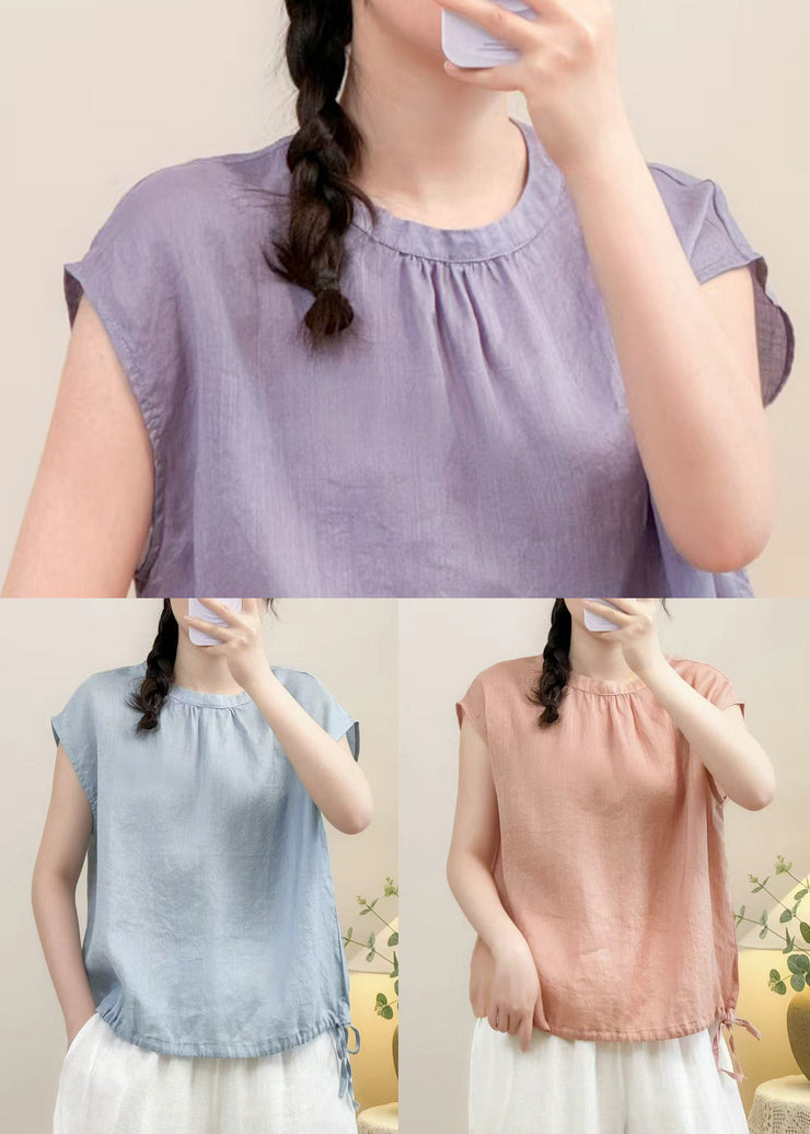 Women Blue Button Lace Up Solid Linen Shirts Summer