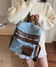 Women Blue Faux Leather Patchwork Backpack Bag