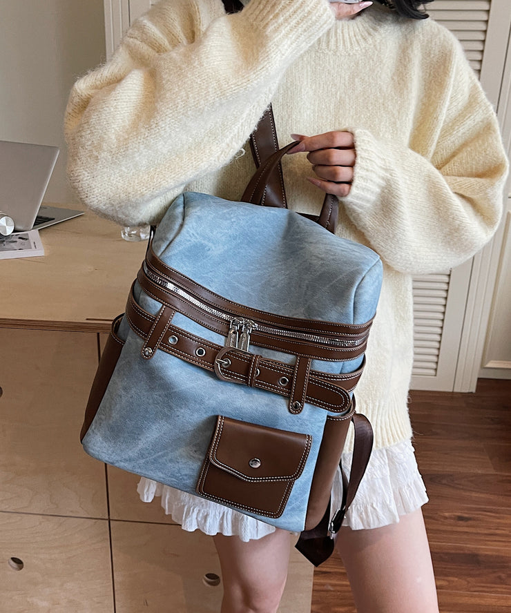 Women Blue Faux Leather Patchwork Backpack Bag