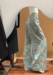 Women Blue Flower Print Denim Wide Leg Pants Fall