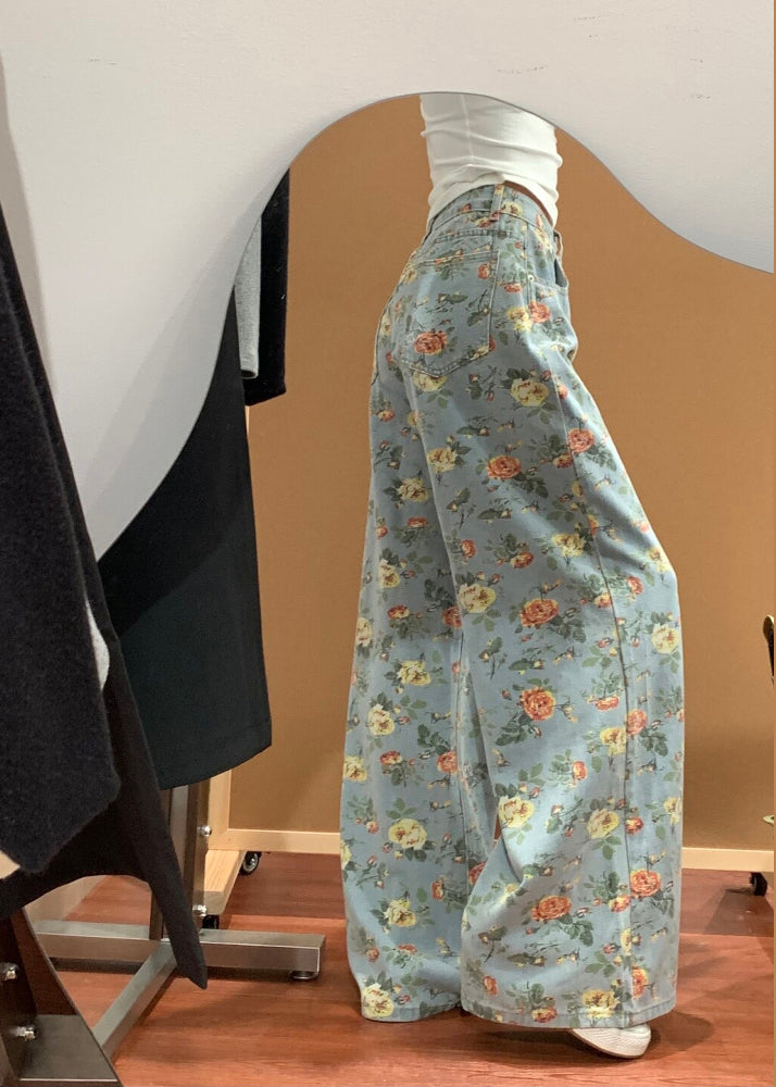 Women Blue Flower Print Denim Wide Leg Pants Fall
