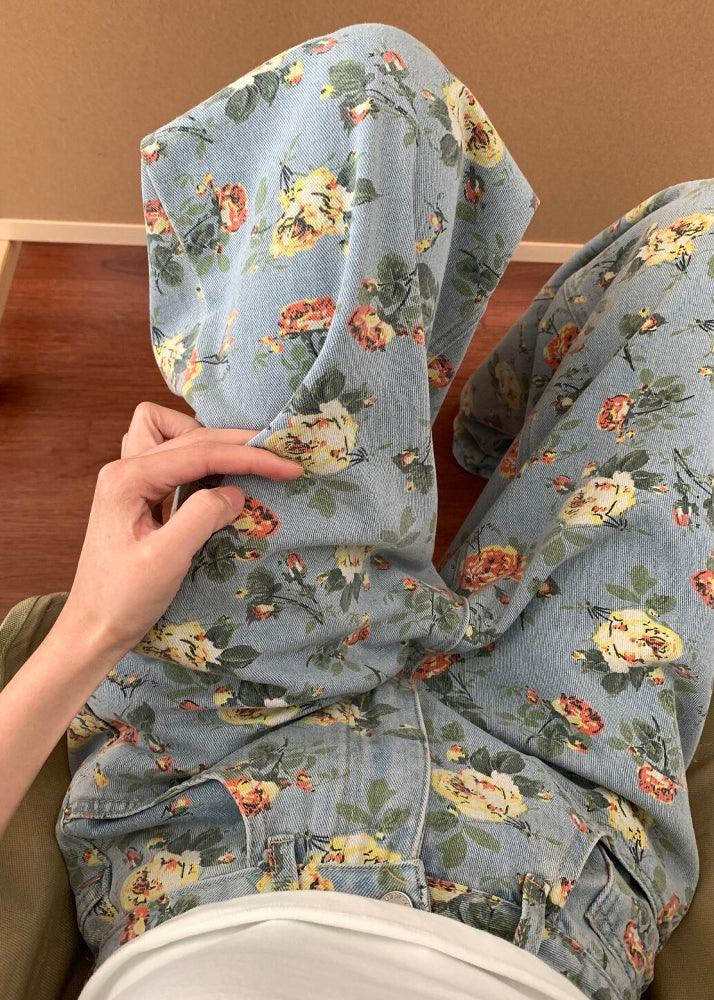 Women Blue Flower Print Denim Wide Leg Pants Fall