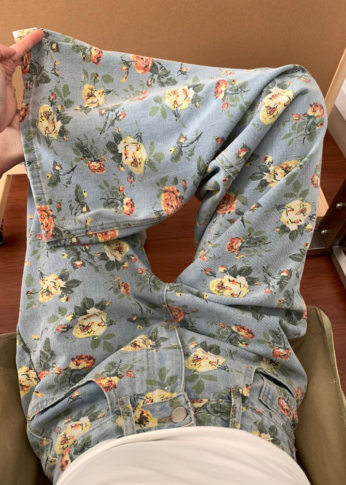 Women Blue Flower Print Denim Wide Leg Pants Fall