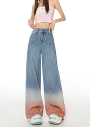 Women Blue Gradient Pockets Denim Wide Leg Pants Fall