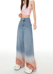 Women Blue Gradient Pockets Denim Wide Leg Pants Fall