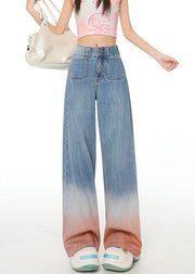 Women Blue Gradient Pockets Denim Wide Leg Pants Fall