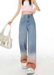 Women Blue Gradient Pockets Denim Wide Leg Pants Fall