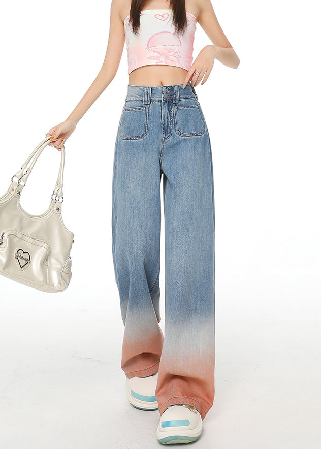 Women Blue Gradient Pockets Denim Wide Leg Pants Fall