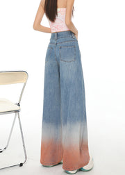 Women Blue Gradient Pockets Denim Wide Leg Pants Fall