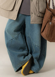 Women Blue High Waist Patchwork Wide Leg Pants Spring