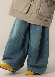 Women Blue High Waist Patchwork Wide Leg Pants Spring