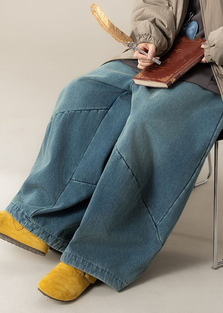 Women Blue High Waist Patchwork Wide Leg Pants Spring