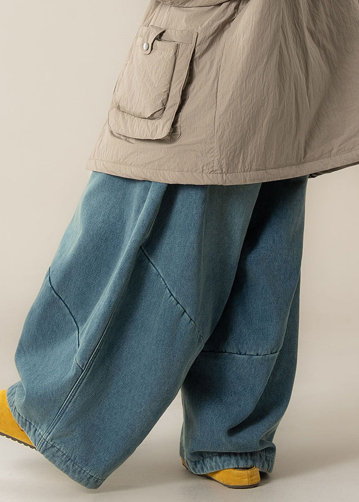 Women Blue High Waist Patchwork Wide Leg Pants Spring