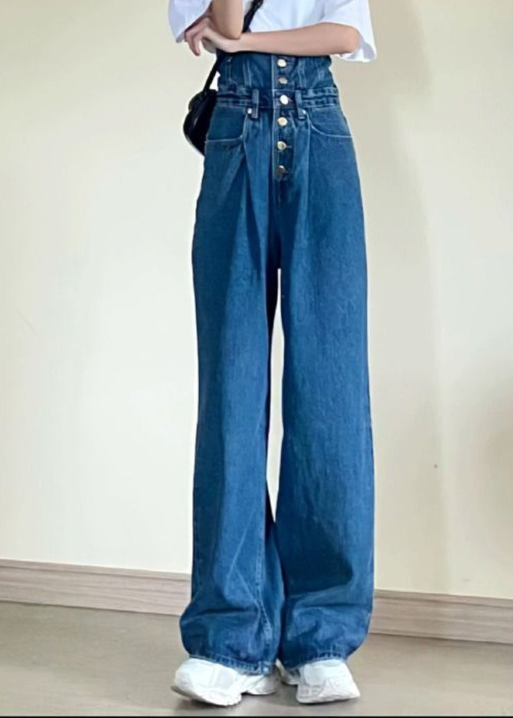 Women Blue High Waist Pockets Patchwork Straight Jeans Fall