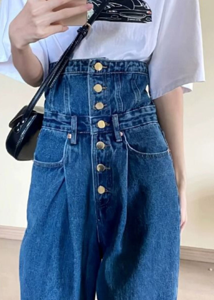 Women Blue High Waist Pockets Patchwork Straight Jeans Fall