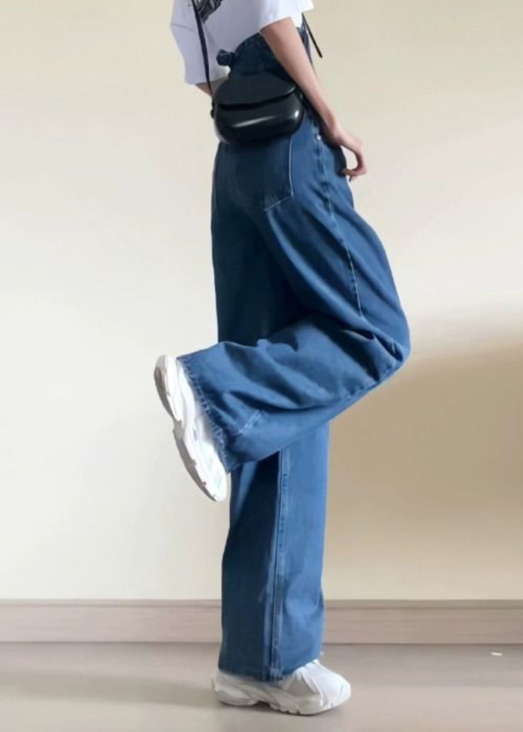 Women Blue High Waist Pockets Patchwork Straight Jeans Fall