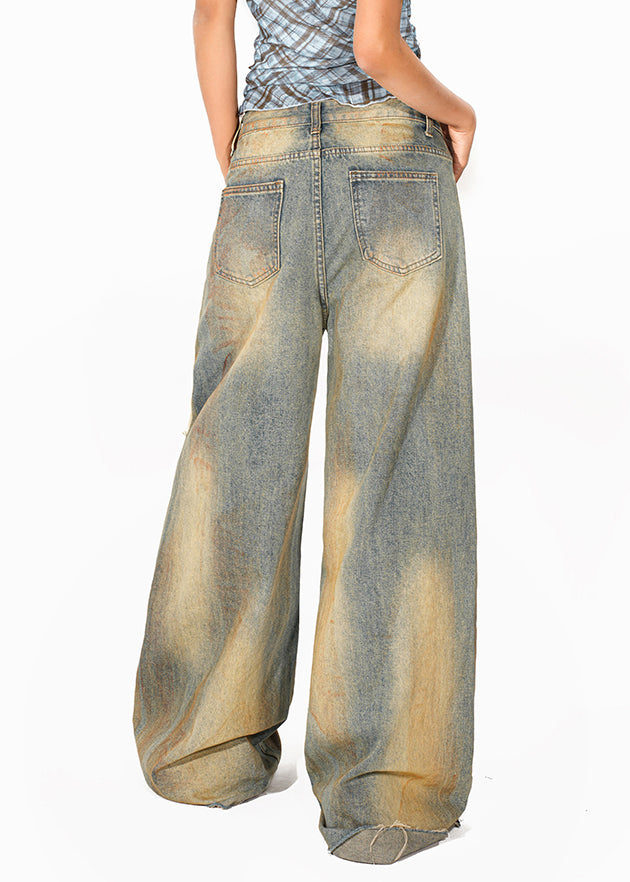 Women Blue High Waist Pockets Patchwork Wide Leg Jeans