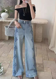 Women Blue Hollow Out Patchwork Lace Denim Straight Pants Fall