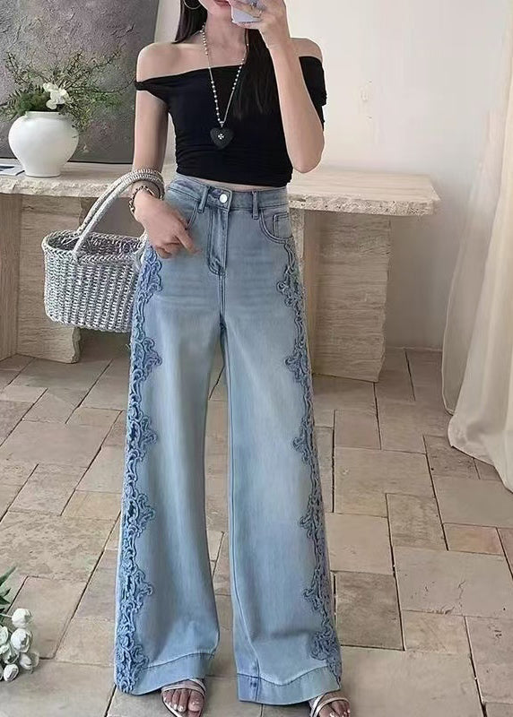 Women Blue Hollow Out Patchwork Lace Denim Straight Pants Fall