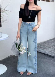 Women Blue Hollow Out Patchwork Lace Denim Straight Pants Fall