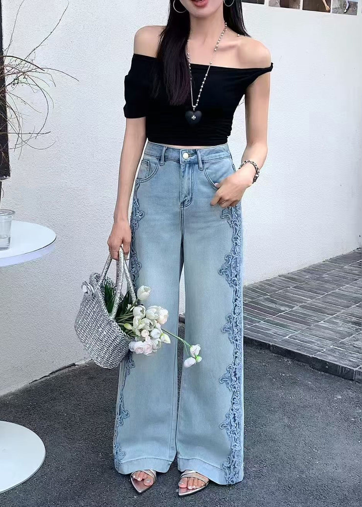 Women Blue Hollow Out Patchwork Lace Denim Straight Pants Fall