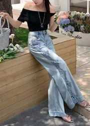 Women Blue Hollow Out Patchwork Lace Denim Straight Pants Fall