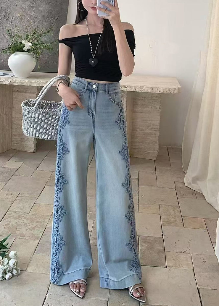 Women Blue Hollow Out Patchwork Lace Denim Straight Pants Fall