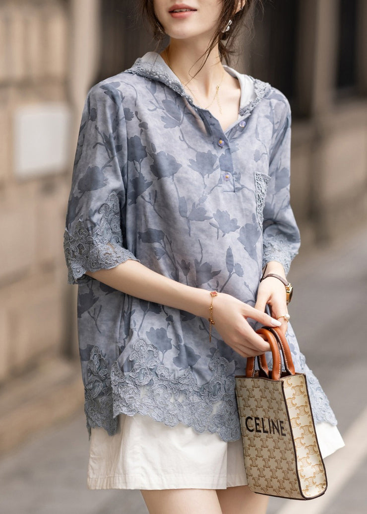 Women Blue Hooded Patchwork Lace Loose Sweatshirt Summer