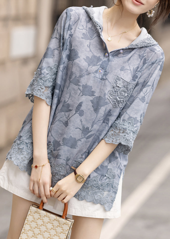 Women Blue Hooded Patchwork Lace Loose Sweatshirt Summer