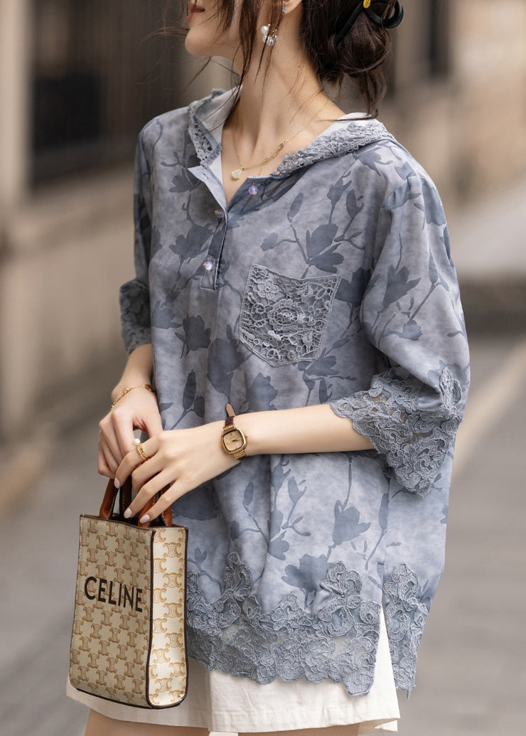 Women Blue Hooded Patchwork Lace Loose Sweatshirt Summer