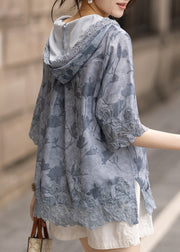Women Blue Hooded Patchwork Lace Loose Sweatshirt Summer