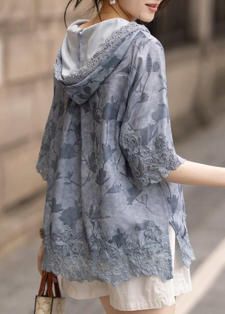 Women Blue Hooded Patchwork Lace Loose Sweatshirt Summer