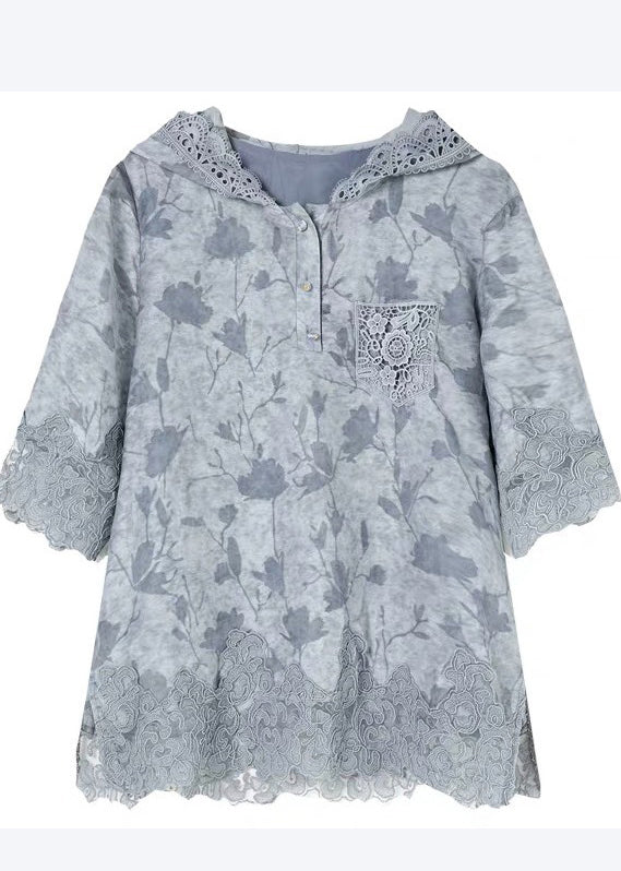 Women Blue Hooded Patchwork Lace Loose Sweatshirt Summer