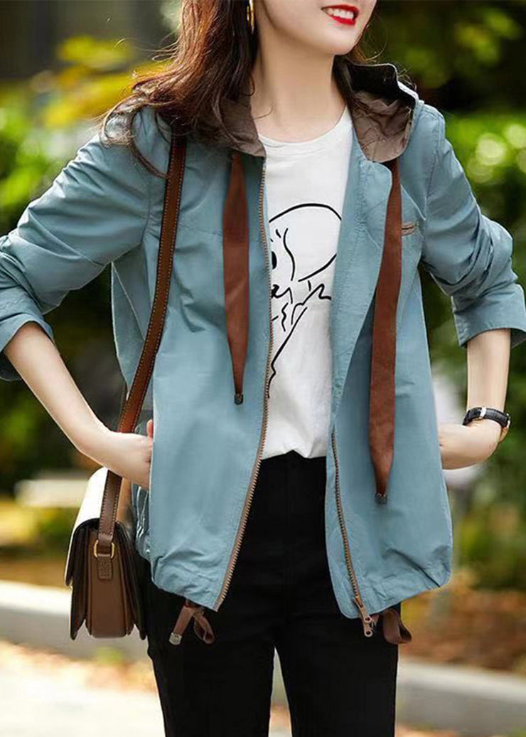 Women Blue Hooded Zippered Pockets Cotton Coat Fall