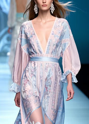 Women Blue Jacquard Patchwork Chiffon Long Dresses Summer