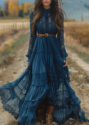 Women Blue Lace Ruffled Patchwork Cotton Robe Dresses Spring