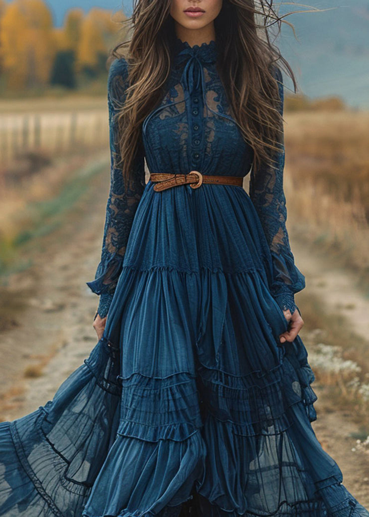 Women Blue Lace Ruffled Patchwork Cotton Robe Dresses Spring