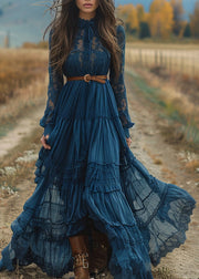 Women Blue Lace Ruffled Patchwork Cotton Robe Dresses Spring