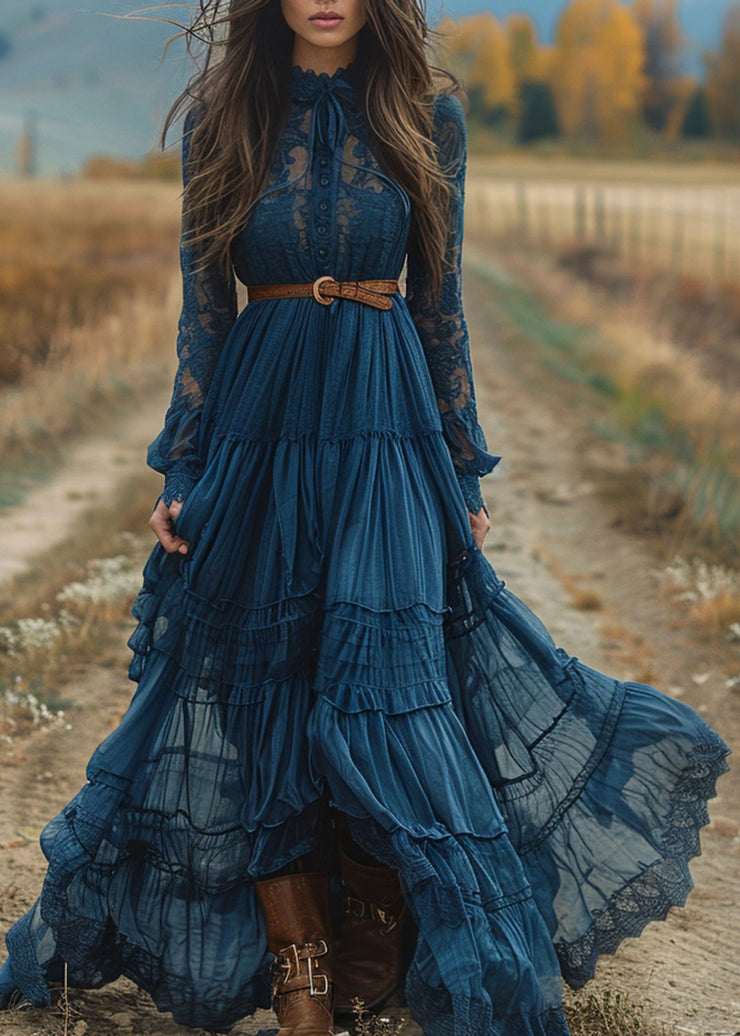 Women Blue Lace Ruffled Patchwork Cotton Robe Dresses Spring