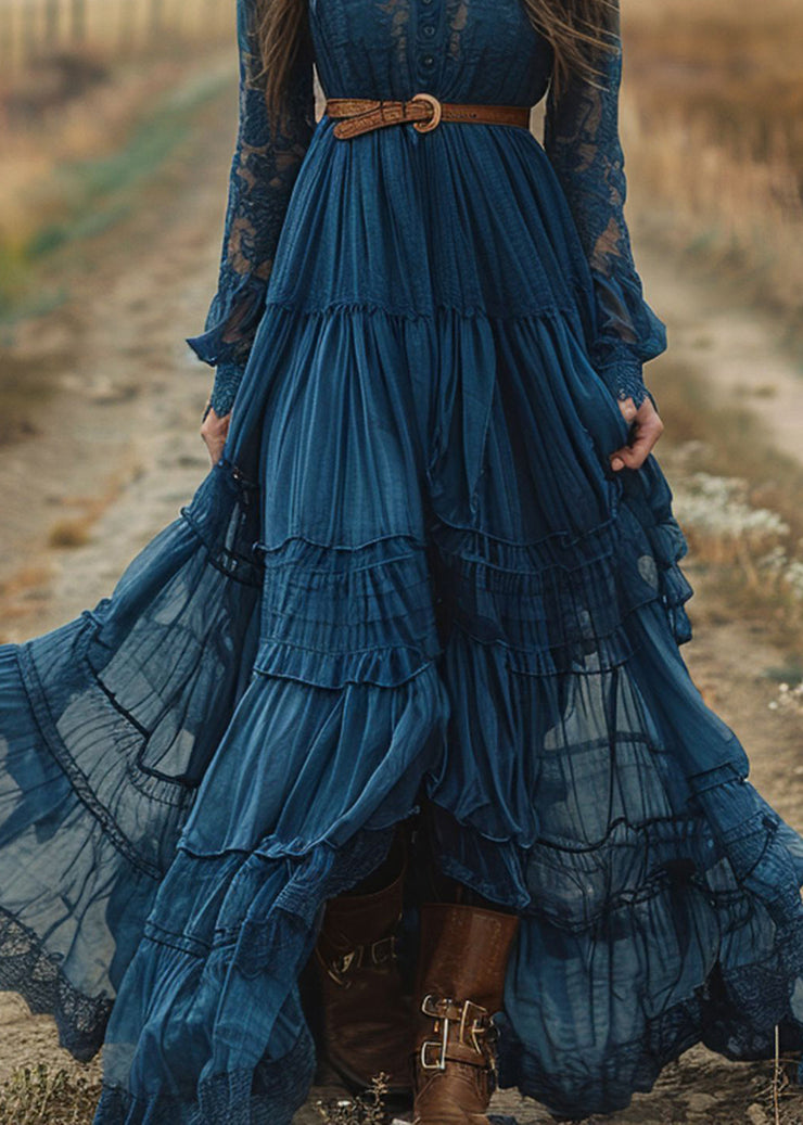 Women Blue Lace Ruffled Patchwork Cotton Robe Dresses Spring