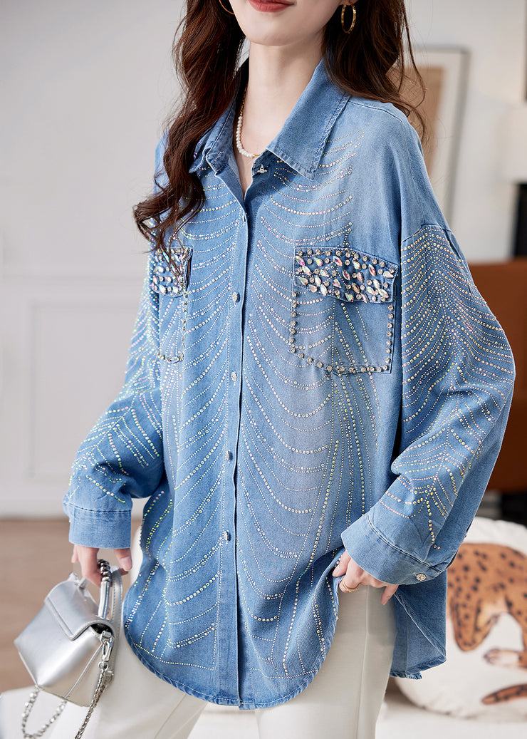 Women Blue Nail Bead Zircon Button Denim Shirts Spring